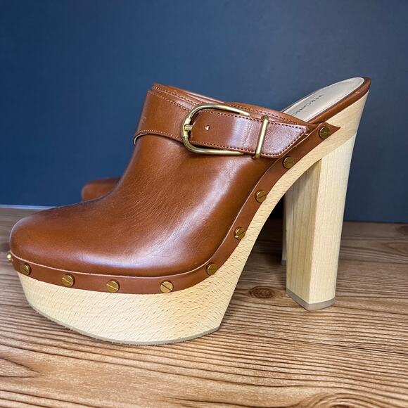 Veronica Beard Cognac Leather Wood Platform Heeled Mules Clogs Womens 10 Alek - Picture 1 of 15